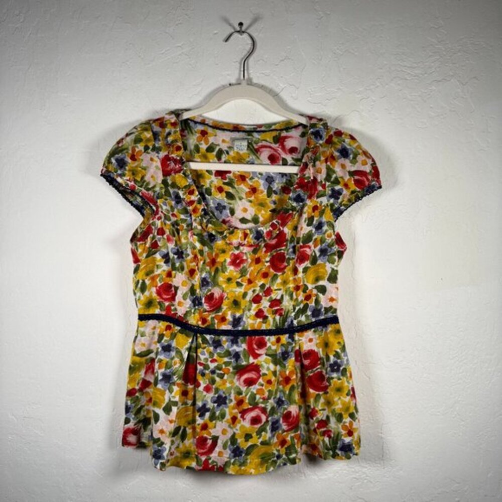 90s Odille Anthropologie Multicolor Floral Peplum Cap Sleeve Blouse Top Size 8